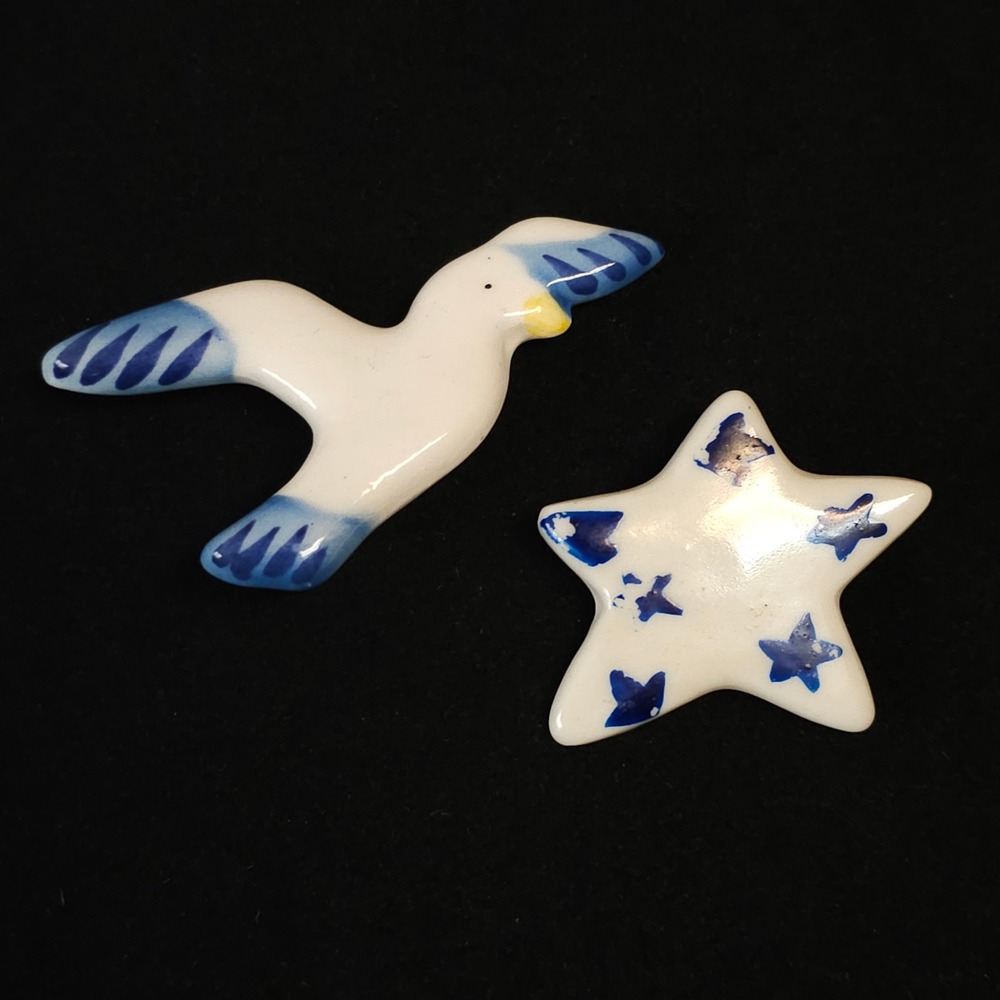 Handmade Brooch Pin Lot of 2 Seagull Star Nautical Ceramic‎ Pottery Bird Coastal